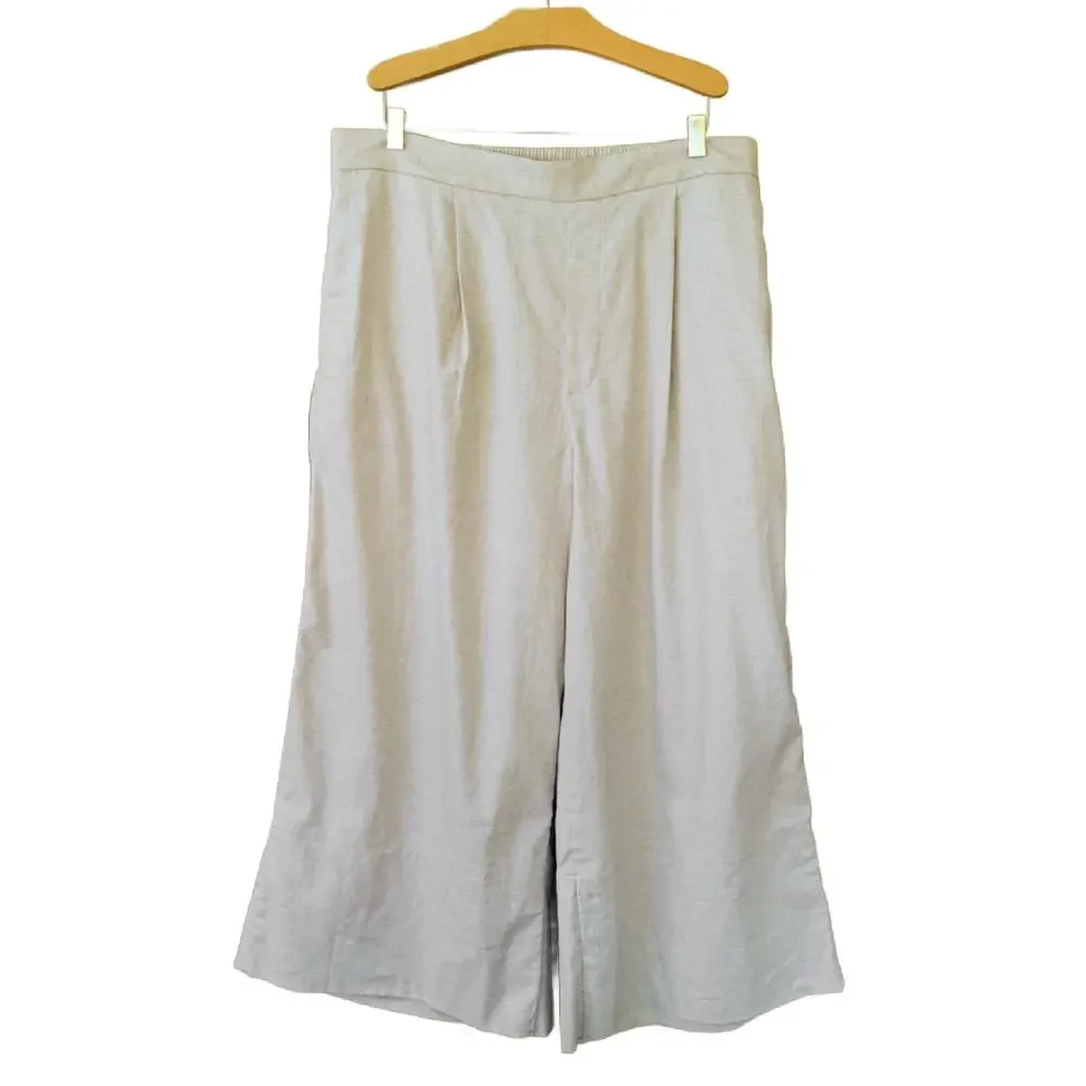 NEW Banana Republic Wide-Leg Linen-Blend Cropped Pull-On Pant Large Beige Flax